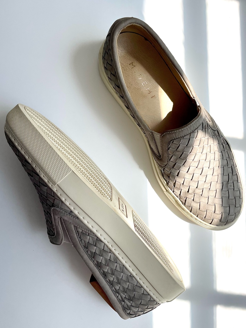 M. Gemi Cerchio Woven Nubuck Slip-On Sneakers Taupe Gray 38.5 8 Italian Leather